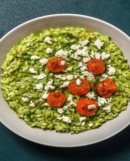 Oven-Baked Pesto Risotto with Roasted Tomatoes and Cheese