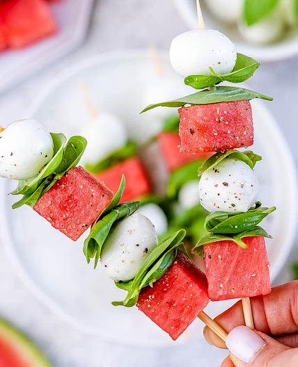 Watermelon + Basil + Mozzarella Skewers