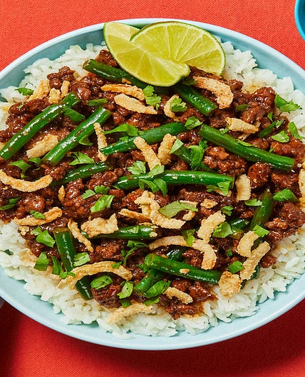 Sweet Chili Beef & Green Bean Bowls with Jasmine Rice, Crispy Onions & Cilantro