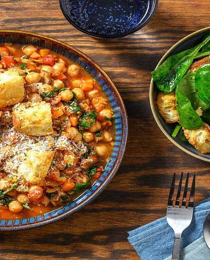 Chickpea Ribollita Stew with Parmesan Croutons and Spinach Salad