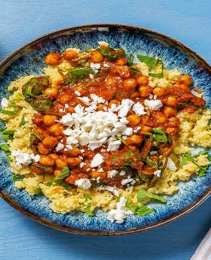 Spinach and Chickpea Moroccan Style Stew with Baharat and Mint Couscous
