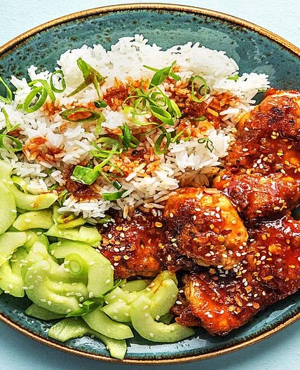 Korean-Style Chicken Thighs with Sesame Cucumber Salad and Jasmine Rice