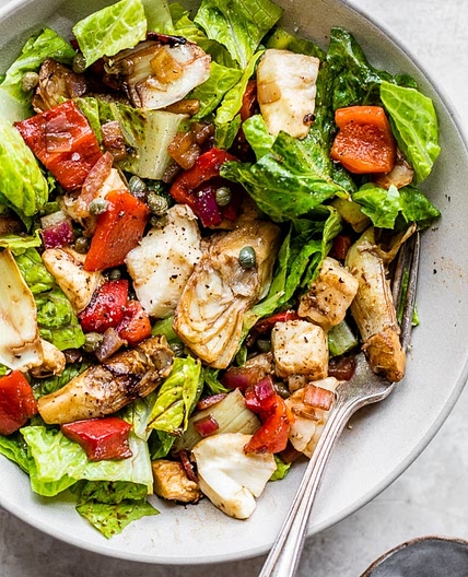 Warm Salad with Artichoke Hearts, Roasted Peppers, Mozzarella