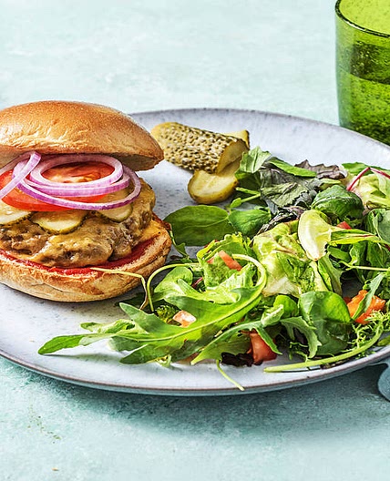 Grilled Cheddar Burgers with Chipotle Ketchup, Green Salad, and a Dill Pickle