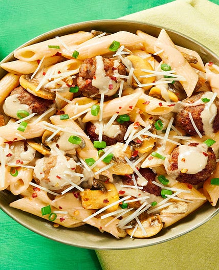 Penne with Pork Meatballs in a Creamy Mushroom Sauce