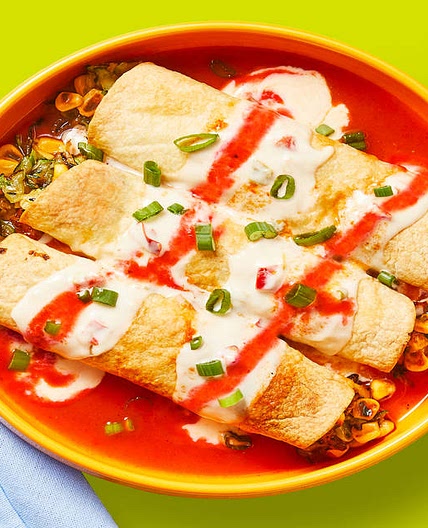 Southwest Corn & Zucchini Flautas with Enchilada Sauce & Queso Blanco