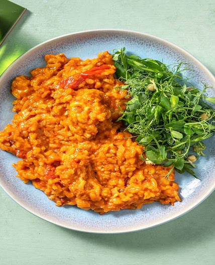 Super Cheesy Oven-Baked Tomato Risotto with Peas and Salad