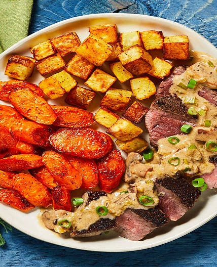 Steak with Mushroom Cream Sauce plus Roasted Potatoes & Carrots