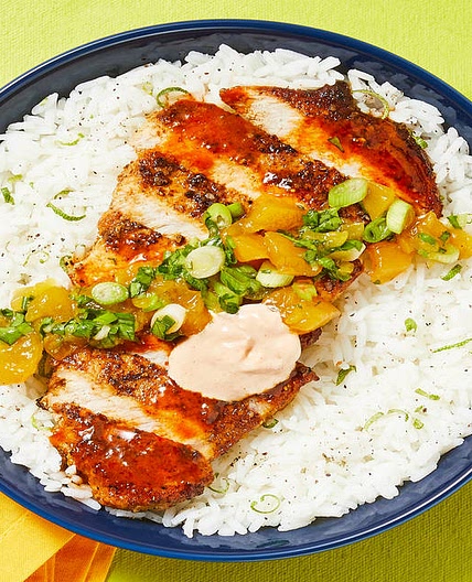 Tex-Mex Pork with Mango Salsa with Zesty Lime Rice & Smoky Red Pepper Crema