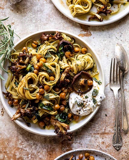 Slow Roasted Mushroom Pasta with Crisp Rosemary Chickpeas