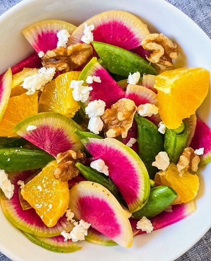 Watermelon Radish Salad with Sugar Snap Peas, Orange & Feta
