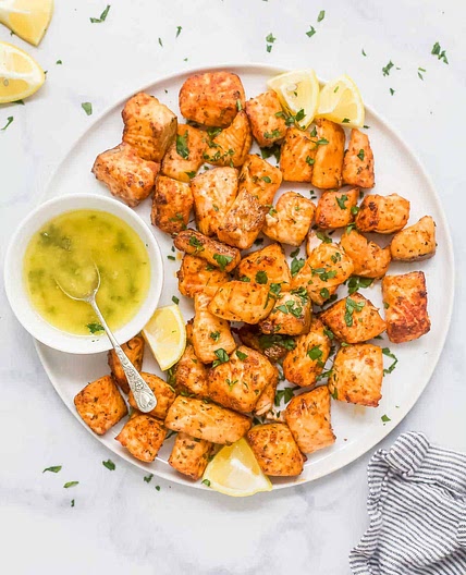 Blackened Air Fryer Salmon Bites with Garlic Honey Butter