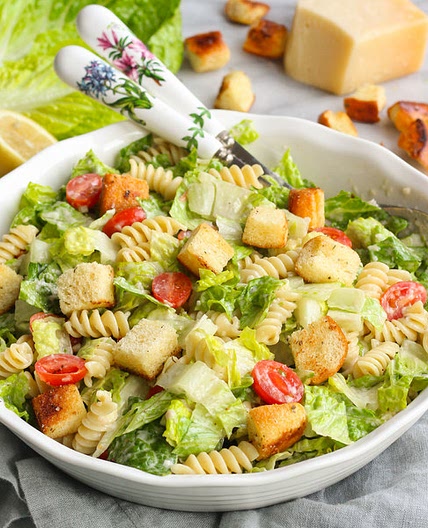 Rotini Caesar Salad with Homemade Garlic Croutons