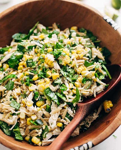 Roasted Corn Chicken Orzo Salad with Garlic Lime Vinaigrette