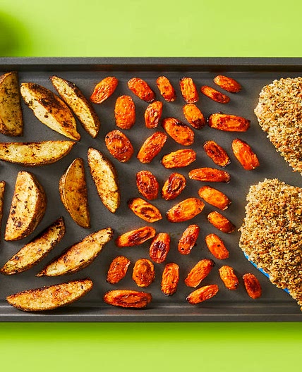 Sheet Pan Monterey Jack Un-Fried Chicken with Roasted Broccoli, Potato Wedges & Sriracha Mayo