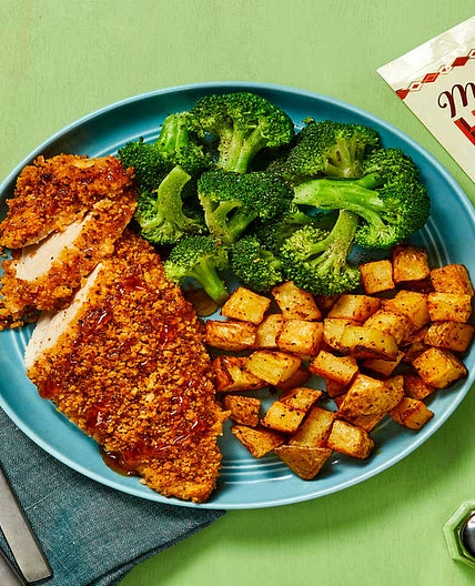 Crunchy Hot Honey Chicken with BBQ-Roasted Potatoes & Buttery Broccoli