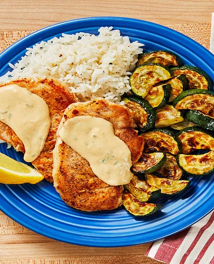 Lemon-Thyme Pork with Roasted Zucchini & Garlic Herb Rice