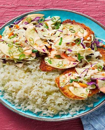 Panko Pork Cutlets with Apple Slaw Scallion Rice & Sriracha Crema