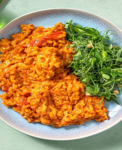 Super Cheesy Ovenbaked Bacon and Tomato Risotto with Pea Shoot Salad