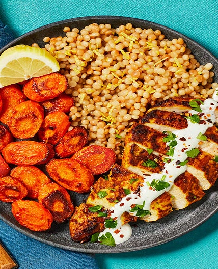 Yogurt-Marinated Chicken & Garlic Sauce plus Lemony Couscous & Chili-Roasted Carrots
