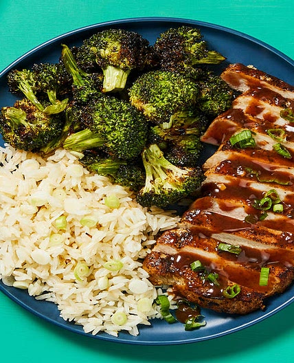 Hoisin Plum Pork Chops with Scallion Rice & Sesame Roasted Broccoli