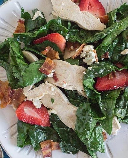 Spinach Salad with Hot Bacon Dressing, Chicken, Blue Cheese & Strawberries