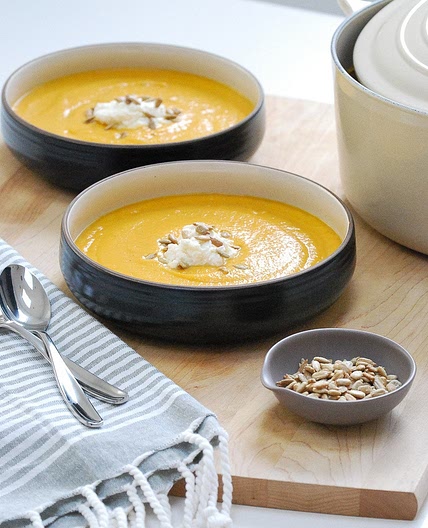 Roasted Sweet Potato and Cauliflower Soup with Honey Whipped Burrata