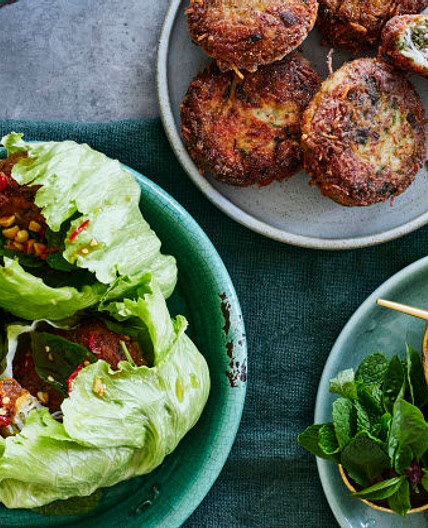 Lettuce cups with pork, vermicelli noodle and lime patties, peanuts and Thai dressing