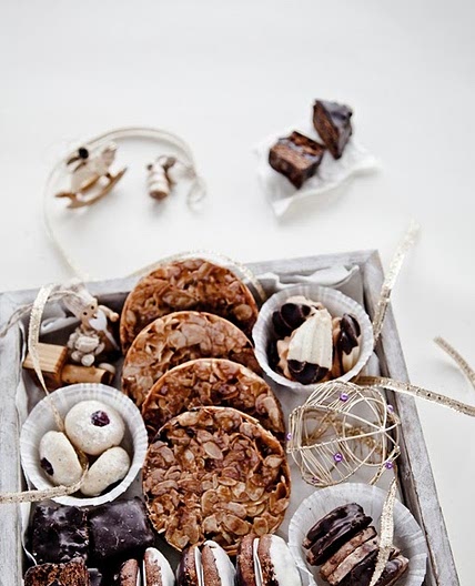 Christmas Cookies: Almond Peanut Florentines, Chocolate Brushed Lebkuchen and Hazelnut Gianduia Spritz Cookies