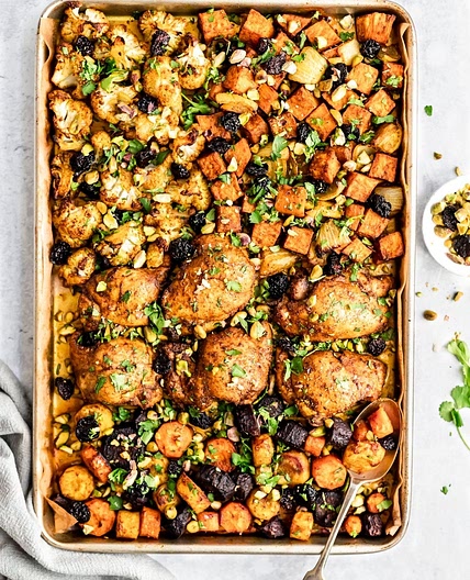 Sheet Pan Moroccan Chicken with Sweet Potatoes & Cauliflower