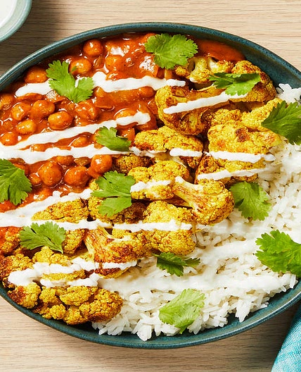 Cauliflower & Chickpea Tikka Masala with Rice, Yogurt & Cilantro
