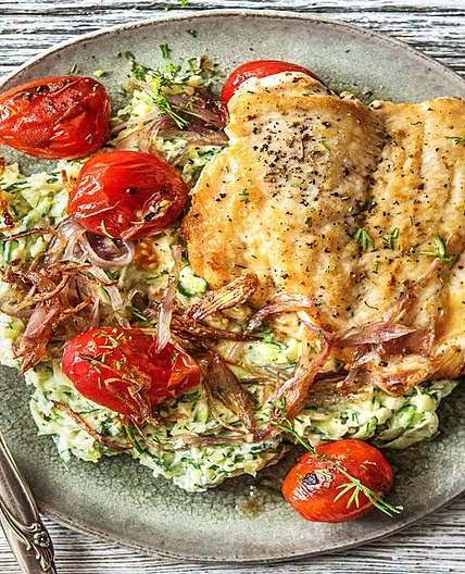 Herbed Chicken Over Zucchini Risotto with Shallot and Blistered Tomatoes