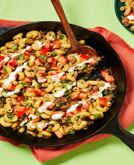 Creamy Ranch Beef Cavatappi Skillet with White Cheddar & Scallions