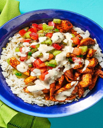 Surf’s Up Chicken & Rice Bowls with Kiwi Salsa & Chipotle Lime Crema