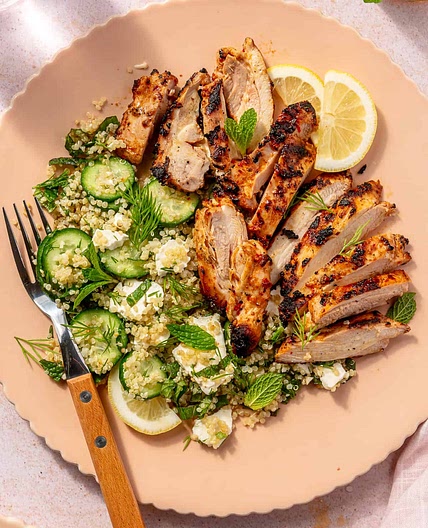 Harissa-Yogurt Marinated Chicken with Cucumber- Quinoa Salad