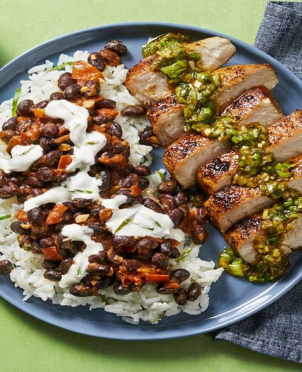 Chimichurri Pork Chops & Buttery Black Beans over Rice