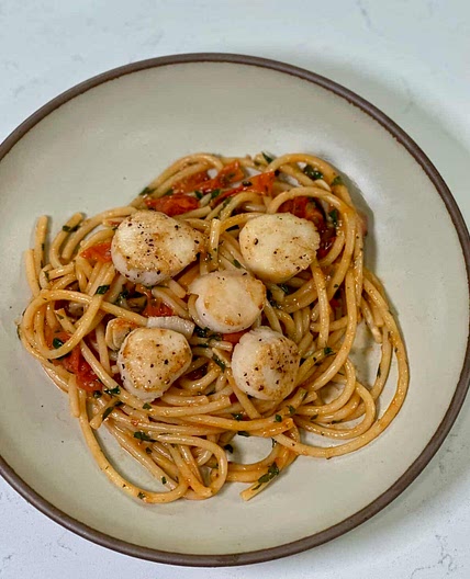 Burst Tomato Pasta with Seared Scallops