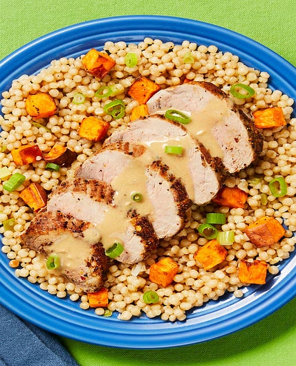 Pork Tenderloin with Creamy Pan Sauce plus Roasted Sweet Potato Couscous