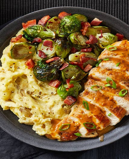 Butter-Basted Chicken Breasts with Candied Bacon Brussels Sprouts and Mashed Potatoes