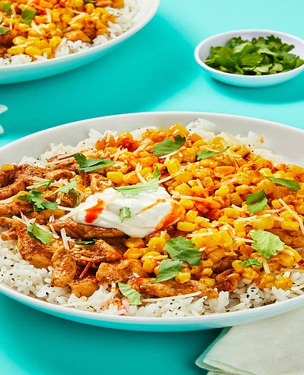 Taqueria Chicken Bowls with Corn Esquites, Sour Cream, Hot Sauce & Cilantro