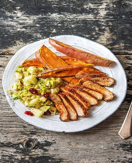 Sweet ’N’ Smoky Pork Chops with Sweet Potato Wedges and a Brussels Sprout Hash