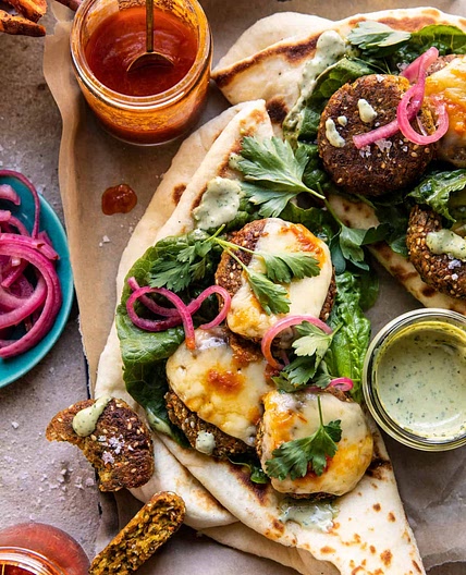 Crispy Sesame Falafel Melts with Garlicky Green Tahini