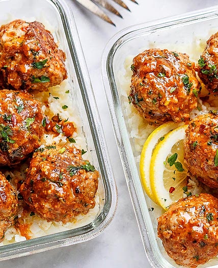 Meal Prep Garlic Butter Chicken Meatballs with Cauliflower Rice