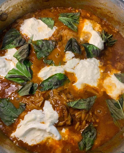 One Pan Marinara & Burrata Chicken Orzo