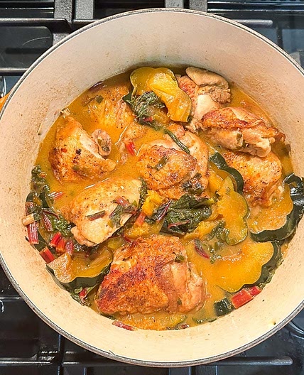 One-Pot Low FODMAP Braised Chicken with Swiss Chard and Acorn Squash