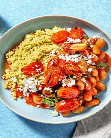 Cannellini and Roasted Balsamic Tomato Stew with Pesto Bulgur and Greek Style Salad Cheese