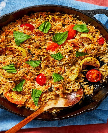 Cheesy Pesto Orzotto with Heirloom Tomatoes and Yellow Squash