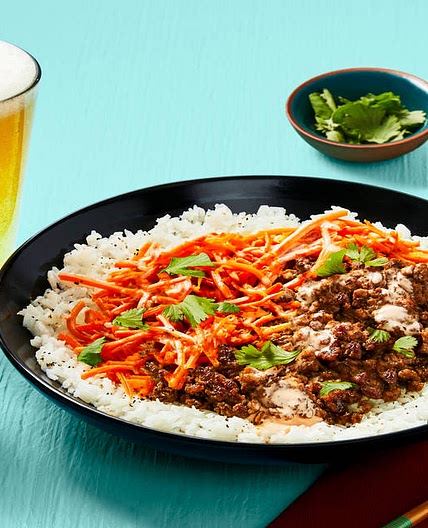 Sesame-Soy Beef Bowls with Sriracha Mayo, Cilantro & Crispy Onions