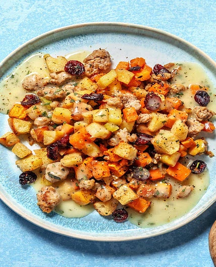 Sausage-Apple Stuffing Bowls with Sage Gravy