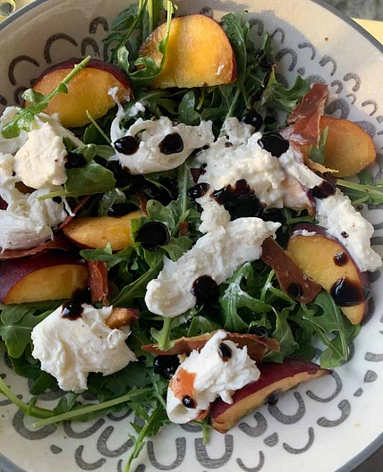 Arugula, Peach, Burrata, and Crispy Prosciutto Salad